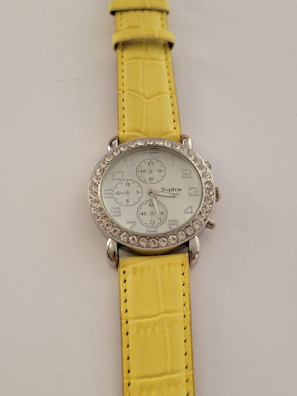 Sophie Womens Watch White Dial Crystal Bezel Silver Case Yellow Leather Quartz